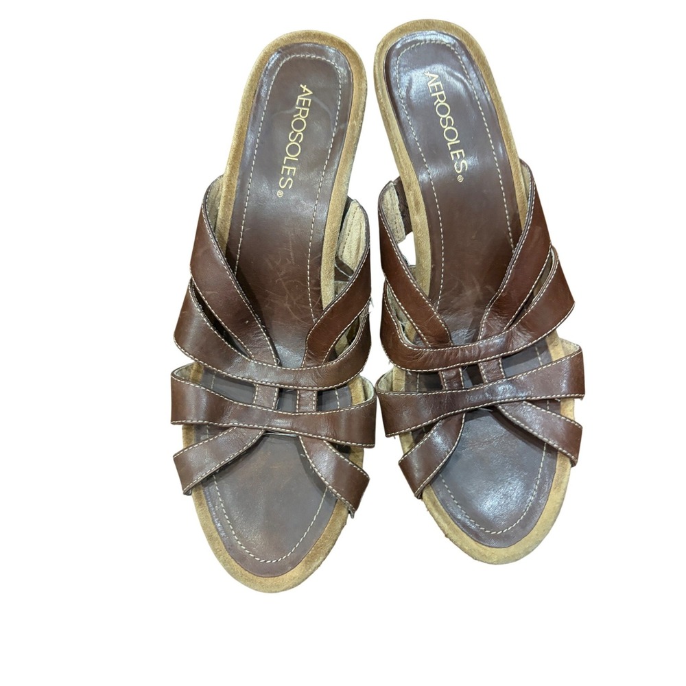 Aerosoles Wedge Sandals Women Size 8.5 Brown Leather Strappy Slip On Wood Heel